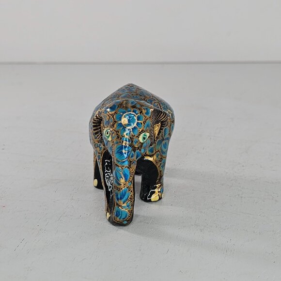 Hand-Painted Paper Mache Wood Elephant Figurine Blue Gold Floral Black 2" - Picture 2 of 8